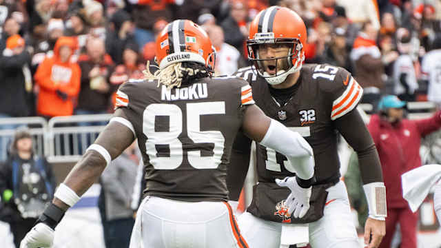 Dec 10, 2023; Cleveland, Ohio, USA; Cleveland Browns quarterback Joe Flacco (15) and tight end David Njoku (85) celebrate after Flacco threw a touchdown to Njoku during the first quarter against the Jacksonville Jaguars at Cleveland Browns Stadium. Mandatory Credit: Ken Blaze-USA TODAY Sports